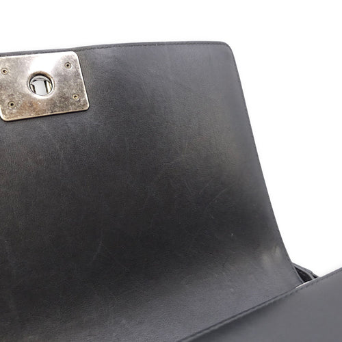 Le Boy Chevron Medium Black Flap Bag in Calfskin, Ruthenium hardware