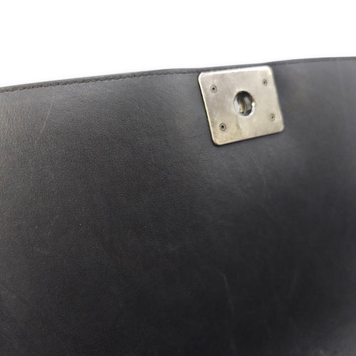 Le Boy Chevron Medium Black Flap Bag in Calfskin, Ruthenium hardware