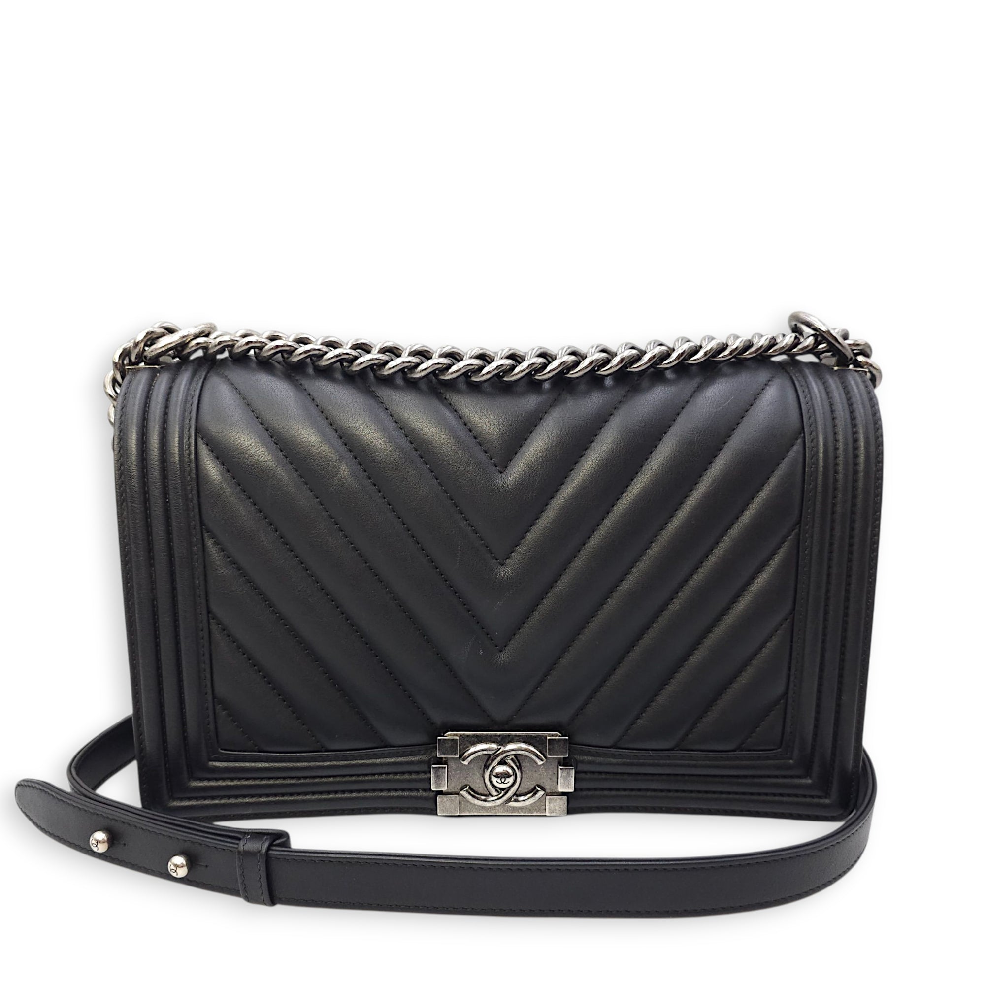 Le Boy Chevron Medium Black Flap Bag in Calfskin, Ruthenium hardware