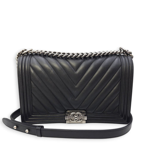 Le Boy Chevron Medium Black Flap Bag in Calfskin, Ruthenium hardware