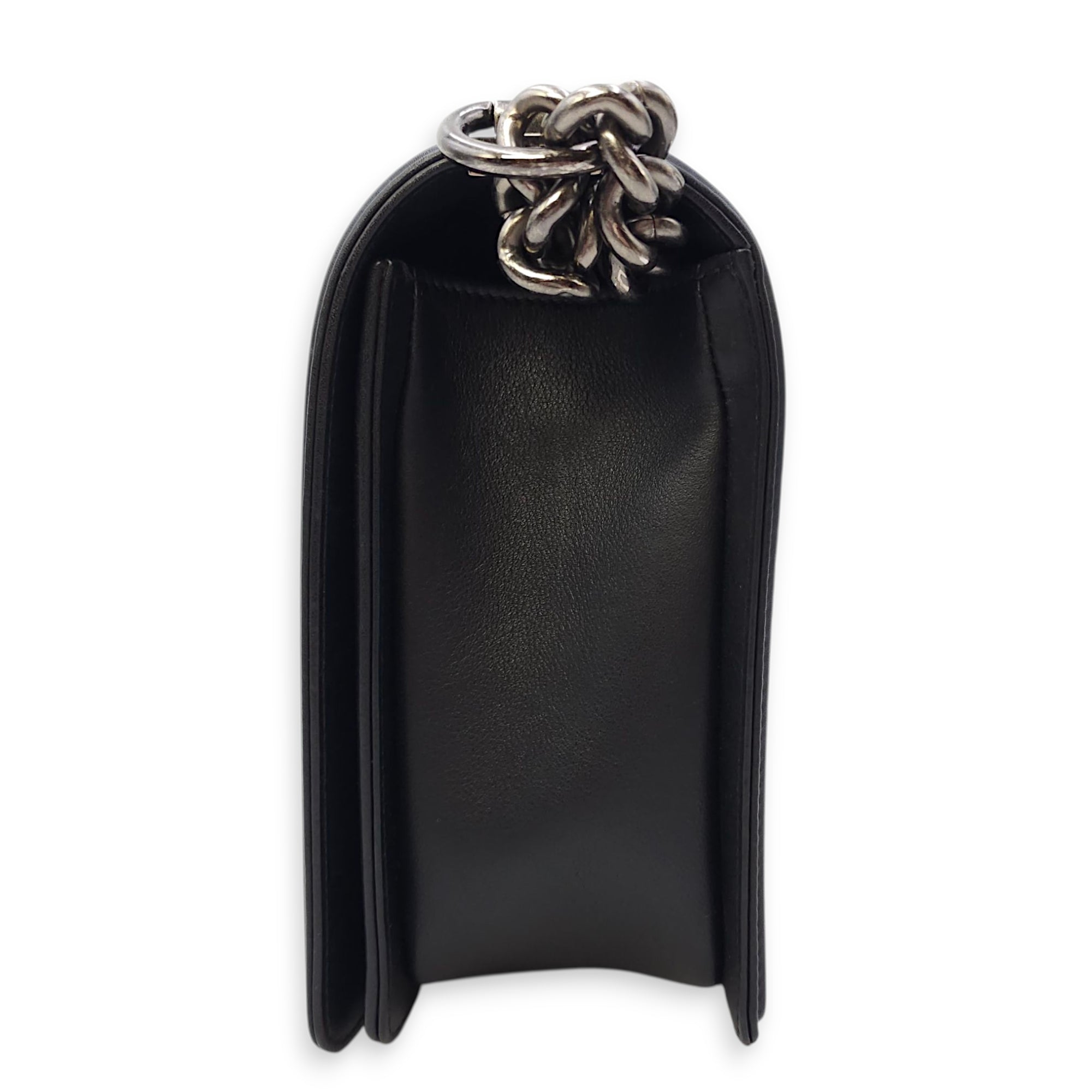 Le Boy Chevron Medium Black Flap Bag in Calfskin, Ruthenium hardware