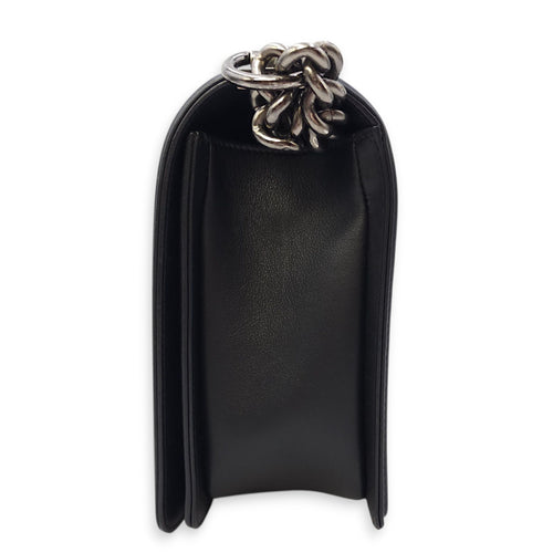 Le Boy Chevron Medium Black Flap Bag in Calfskin, Ruthenium hardware