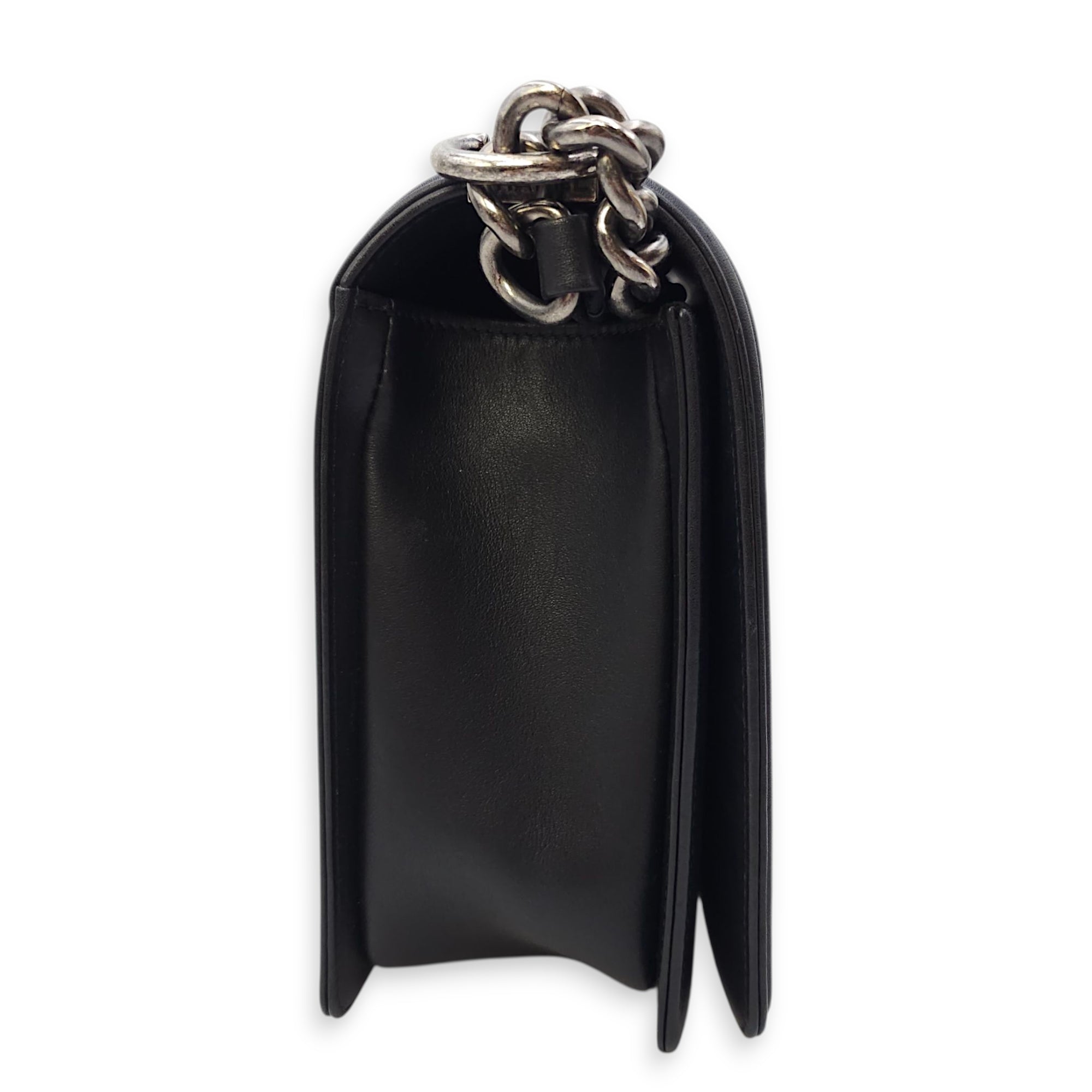 Le Boy Chevron Medium Black Flap Bag in Calfskin, Ruthenium hardware