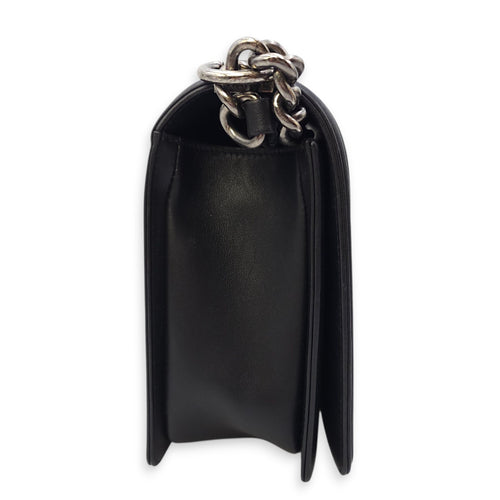Le Boy Chevron Medium Black Flap Bag in Calfskin, Ruthenium hardware