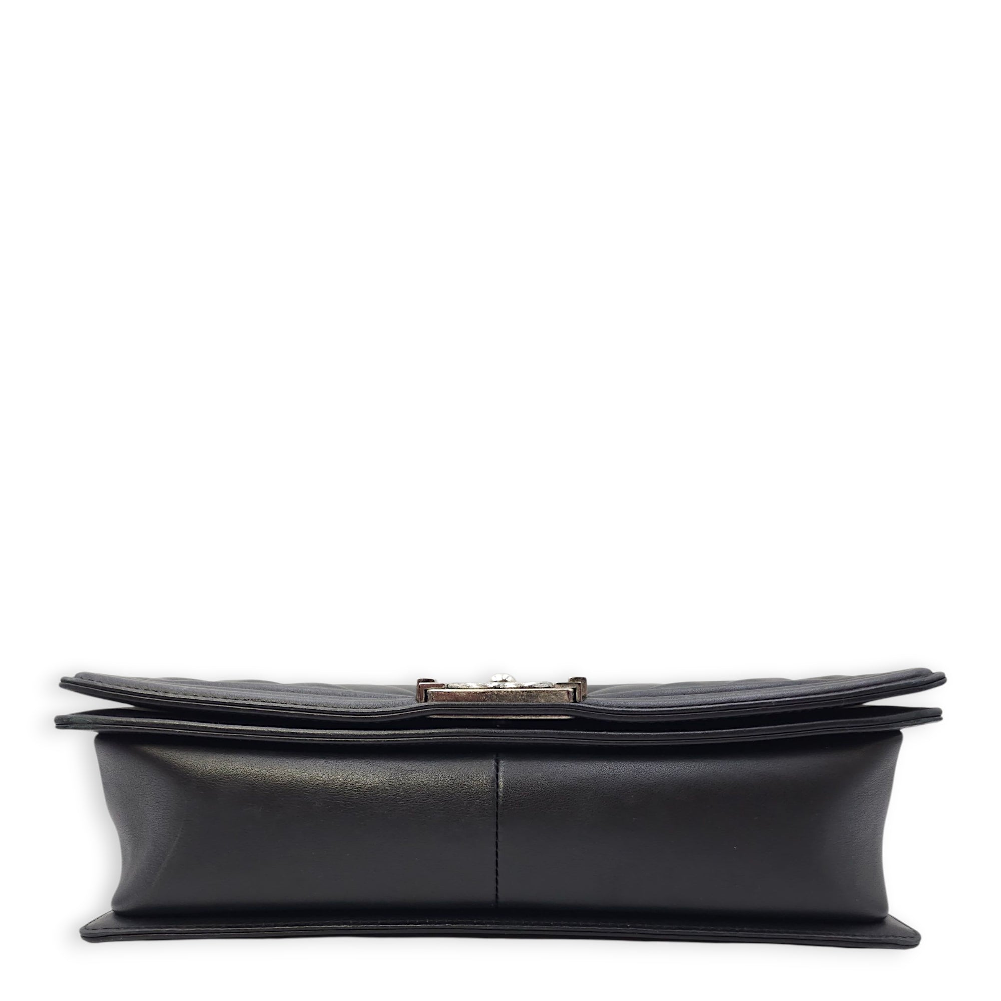 Le Boy Chevron Medium Black Flap Bag in Calfskin, Ruthenium hardware