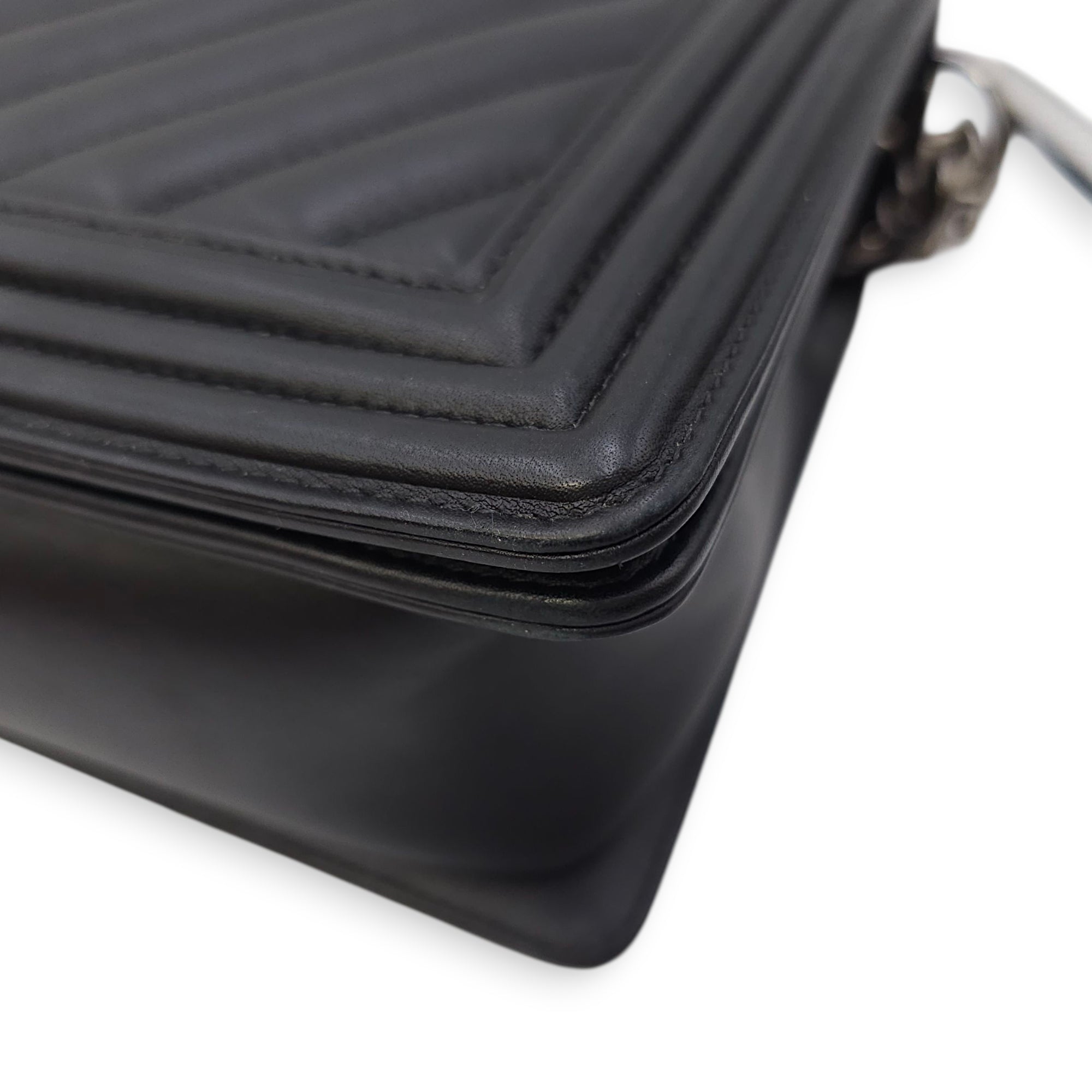 Le Boy Chevron Medium Black Flap Bag in Calfskin, Ruthenium hardware