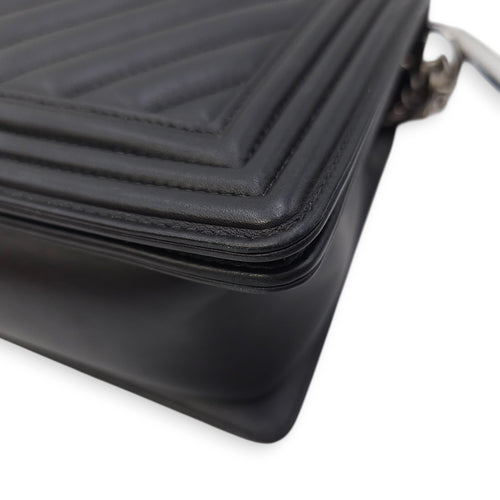 Le Boy Chevron Medium Black Flap Bag in Calfskin, Ruthenium hardware