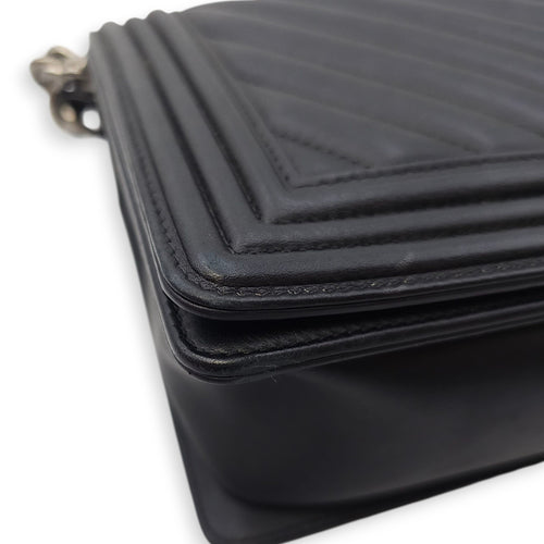 Le Boy Chevron Medium Black Flap Bag in Calfskin, Ruthenium hardware