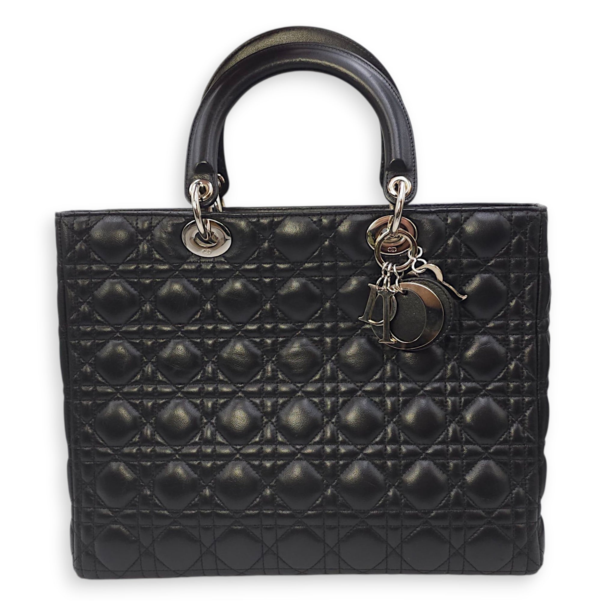 Lady Dior Large Black Shoulder Bag in Lambskin, Silver hardware