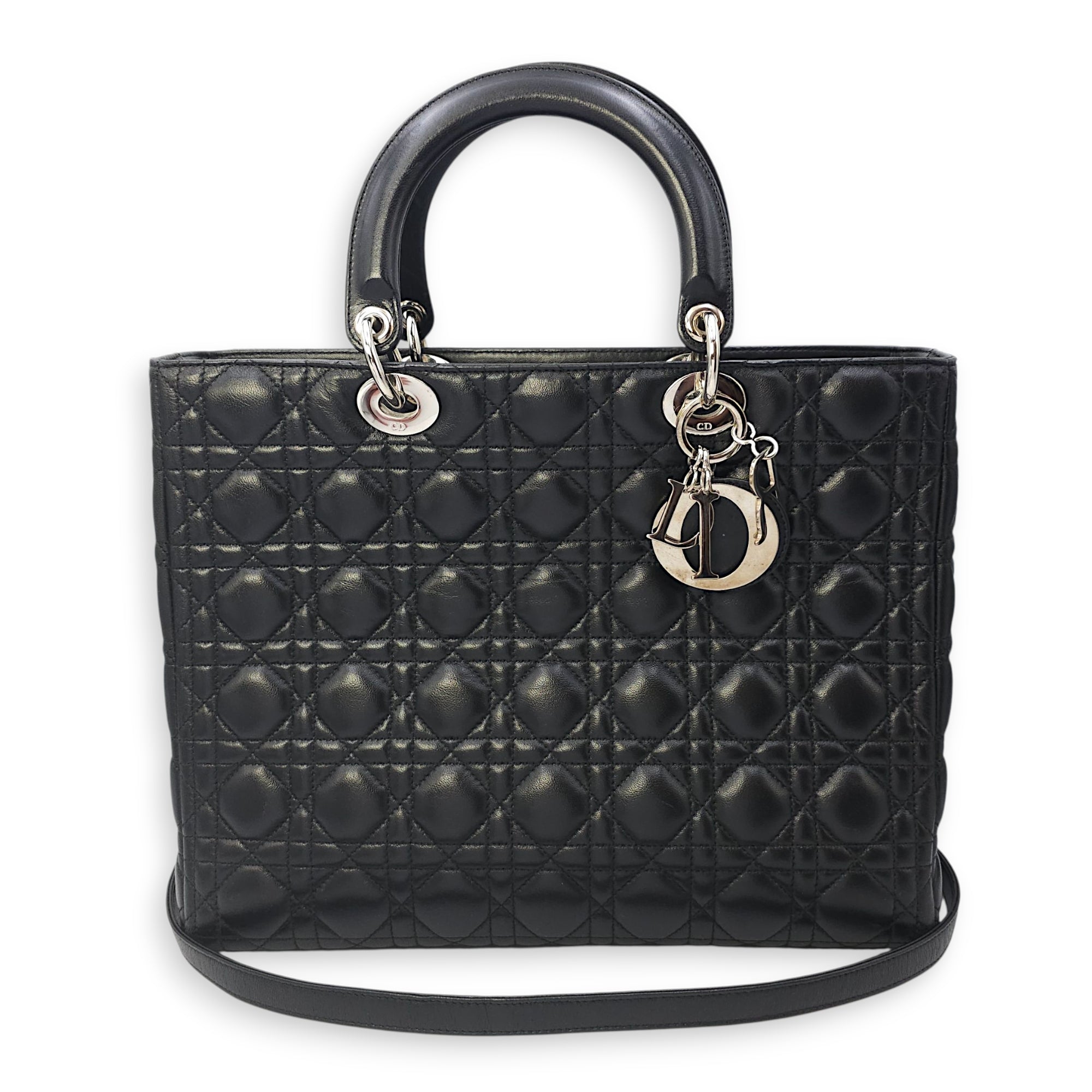 Lady Dior Large Black Shoulder Bag in Lambskin, Silver hardware