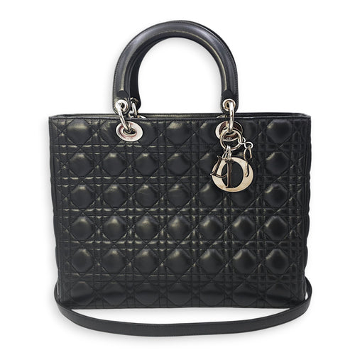 Lady Dior Large Black Shoulder Bag in Lambskin, Silver hardware