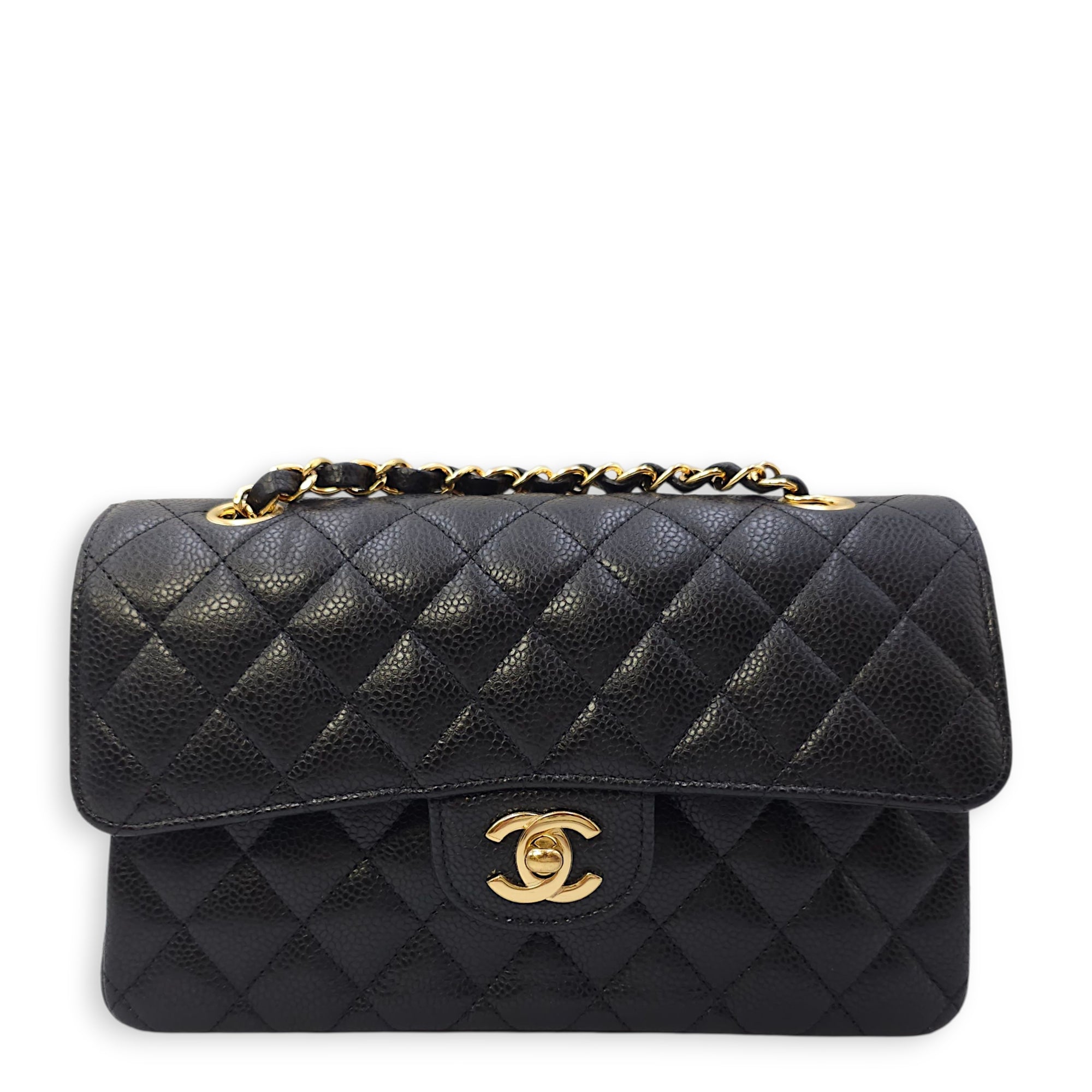 Quilted CC Classic Small Black Double Flap Bag in Caviar Leather, Gold hardware