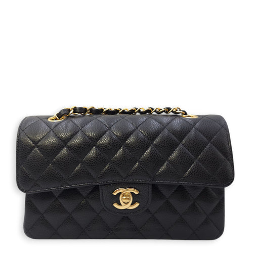 Quilted CC Classic Small Black Double Flap Bag in Caviar Leather, Gold hardware