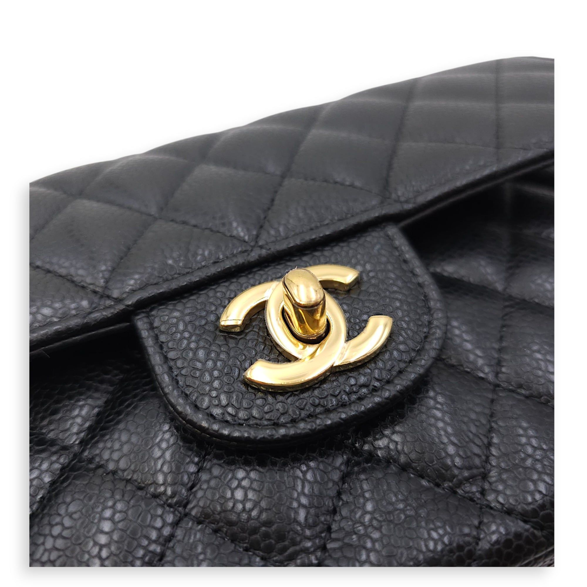 Quilted CC Classic Small Black Double Flap Bag in Caviar Leather, Gold hardware