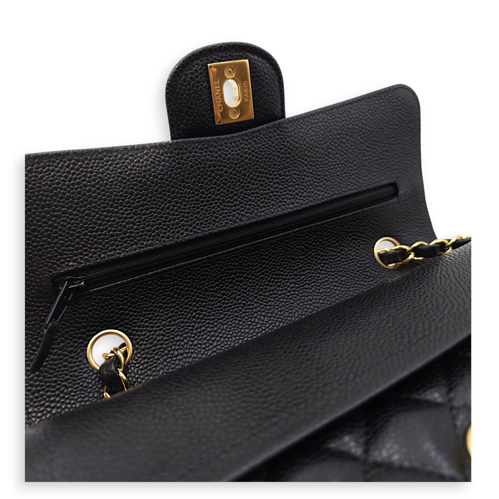 Quilted CC Classic Small Black Double Flap Bag in Caviar Leather, Gold hardware
