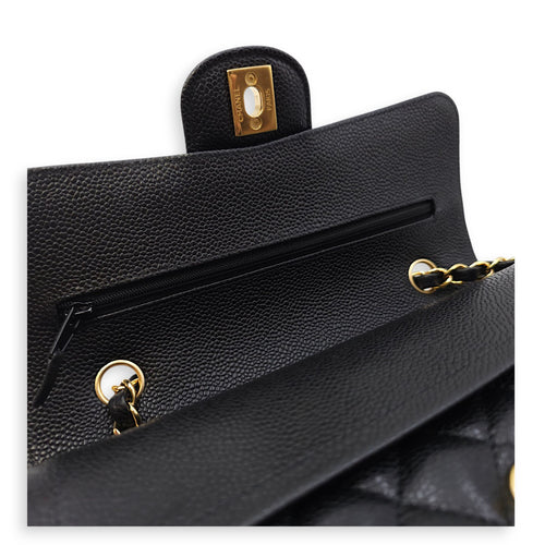 Quilted CC Classic Small Black Double Flap Bag in Caviar Leather, Gold hardware