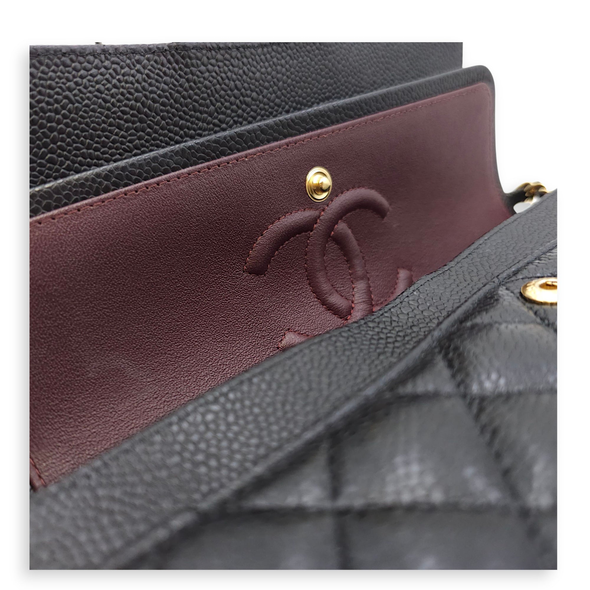 Quilted CC Classic Small Black Double Flap Bag in Caviar Leather, Gold hardware