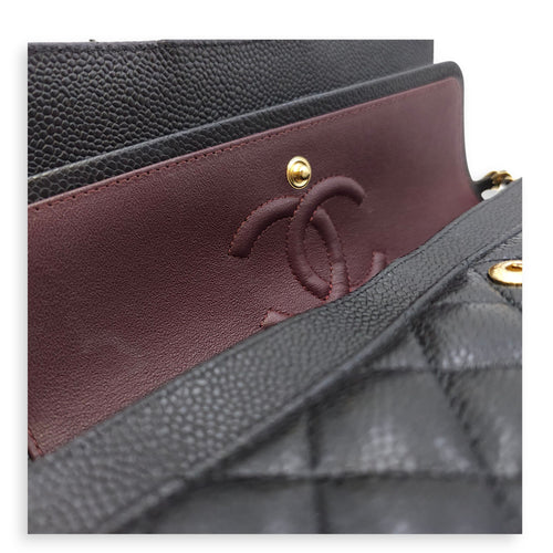 Quilted CC Classic Small Black Double Flap Bag in Caviar Leather, Gold hardware