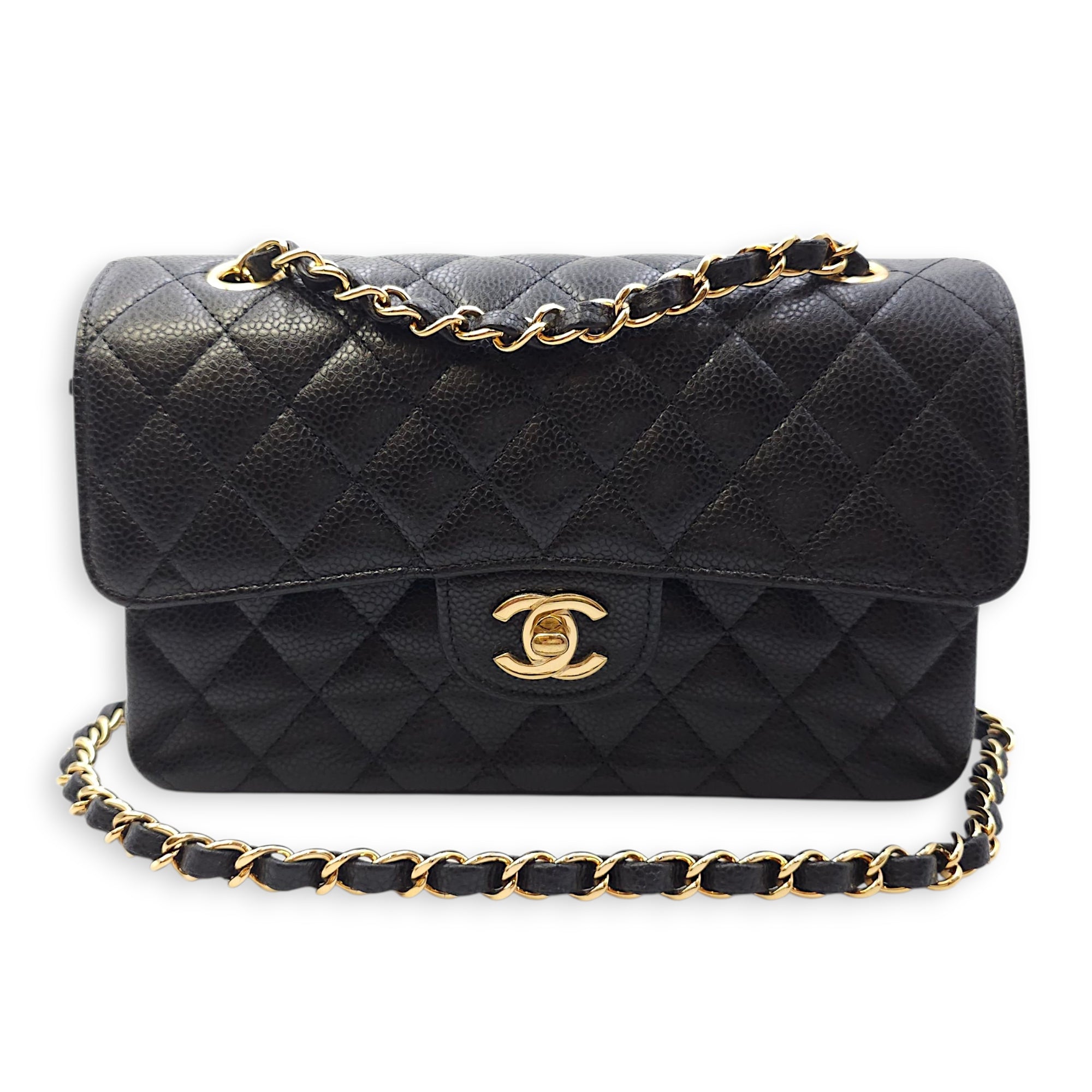 Quilted CC Classic Small Black Double Flap Bag in Caviar Leather, Gold hardware