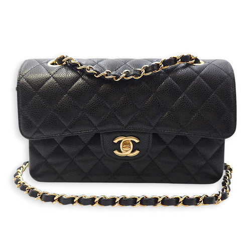 Quilted CC Classic Small Black Double Flap Bag in Caviar Leather, Gold hardware