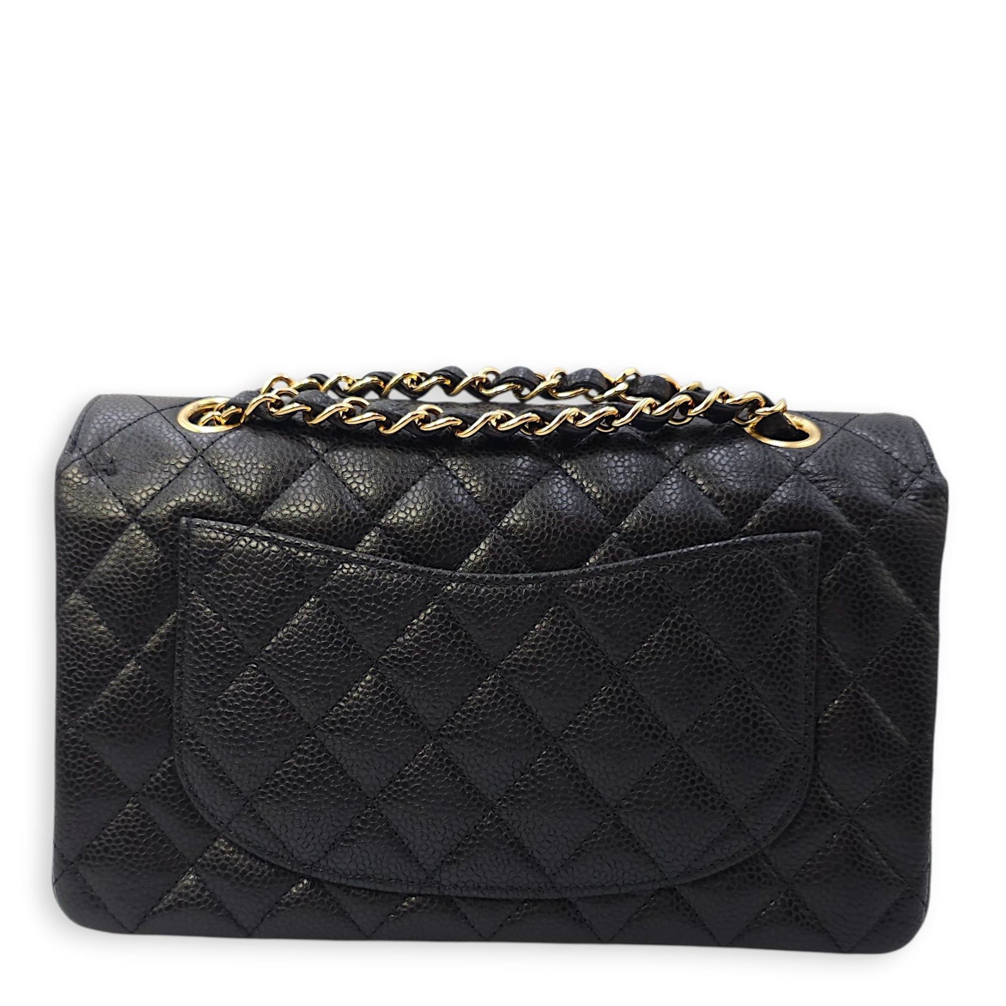 Quilted CC Classic Small Black Double Flap Bag in Caviar Leather, Gold hardware