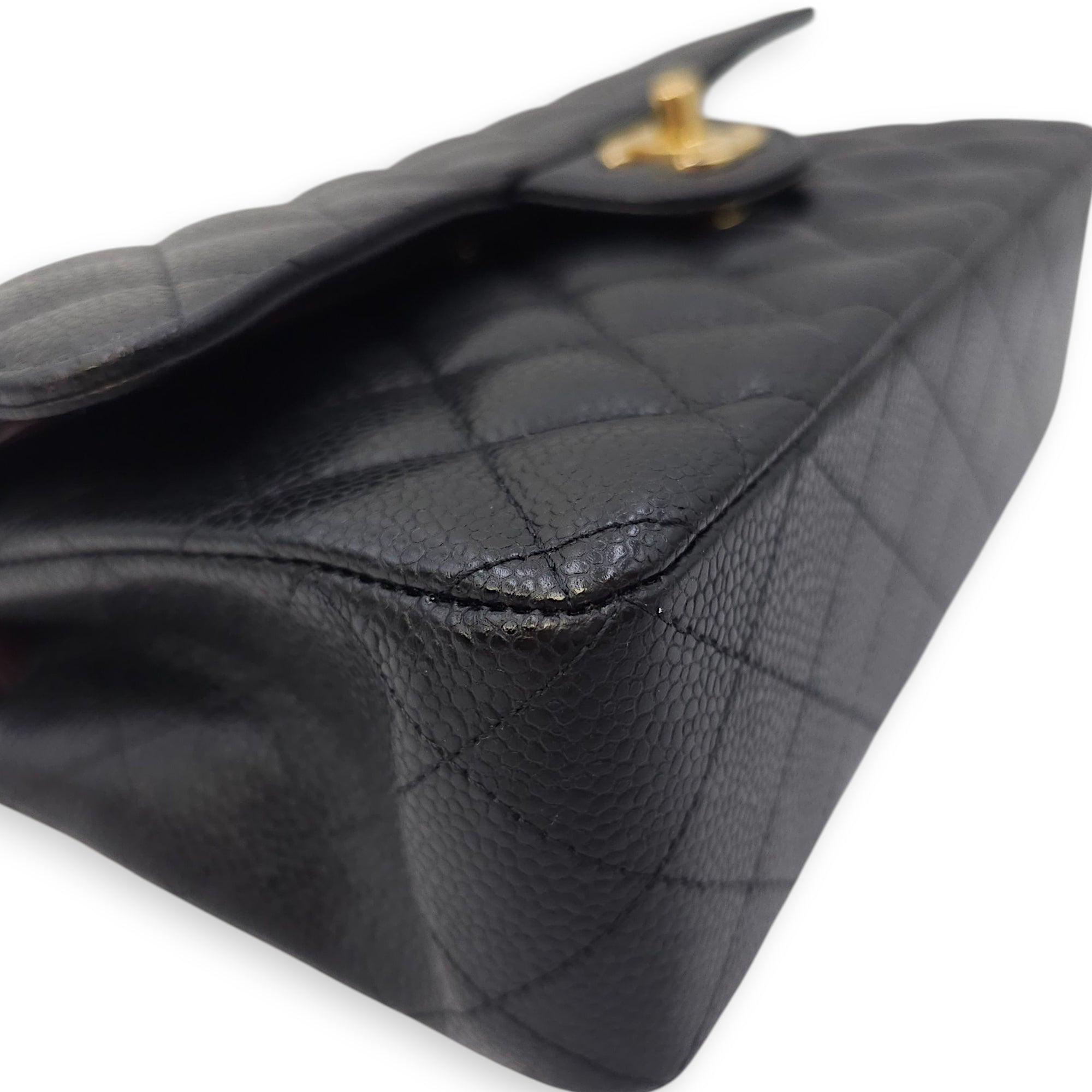 Quilted CC Classic Small Black Double Flap Bag in Caviar Leather, Gold hardware