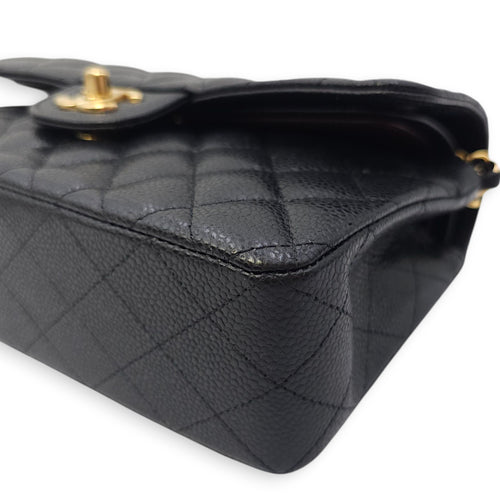 Quilted CC Classic Small Black Double Flap Bag in Caviar Leather, Gold hardware