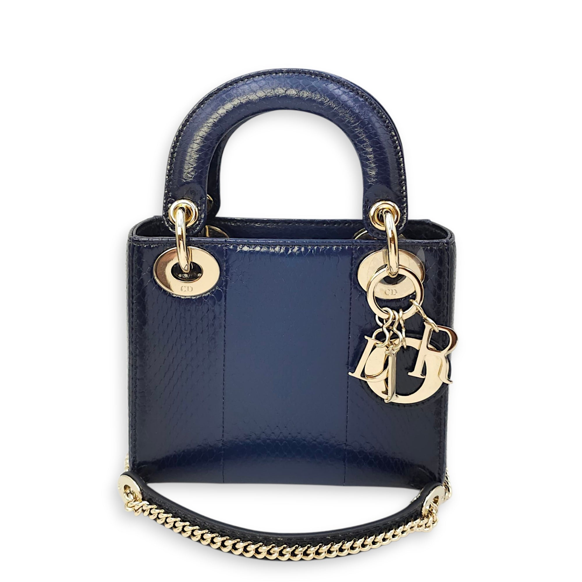 Lady Dior Mini Blue Shoulder Bag in Python Leather, 2-Tone hardware