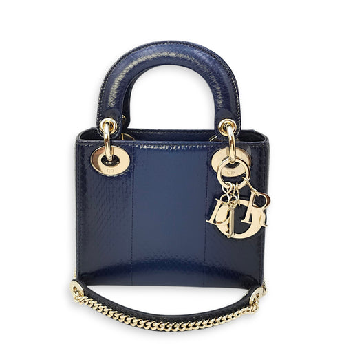 Lady Dior Mini Blue Shoulder Bag in Python Leather, 2-Tone hardware