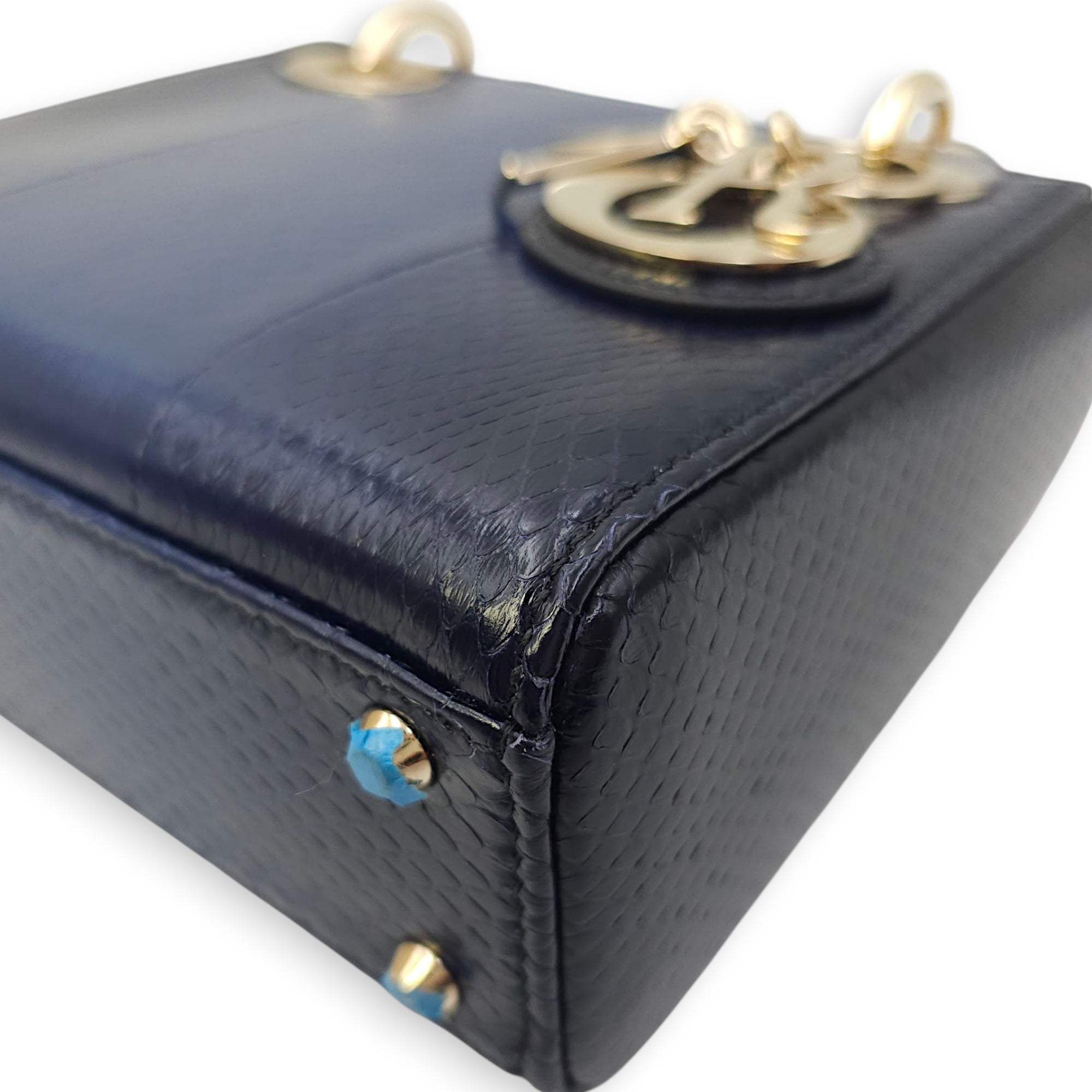Lady Dior Mini Blue Shoulder Bag in Python Leather, 2-Tone hardware