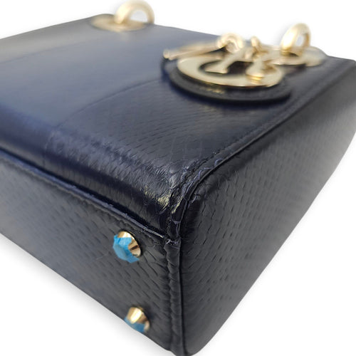 Lady Dior Mini Blue Shoulder Bag in Python Leather, 2-Tone hardware