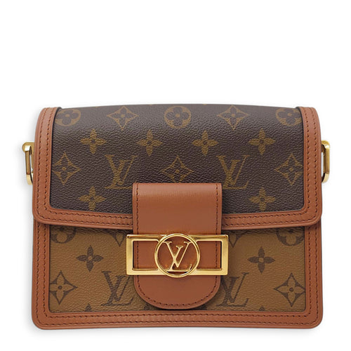 Reverse Monogram Dauphine Mini Brown Shoulder Bag in Canvas, Gold hardware