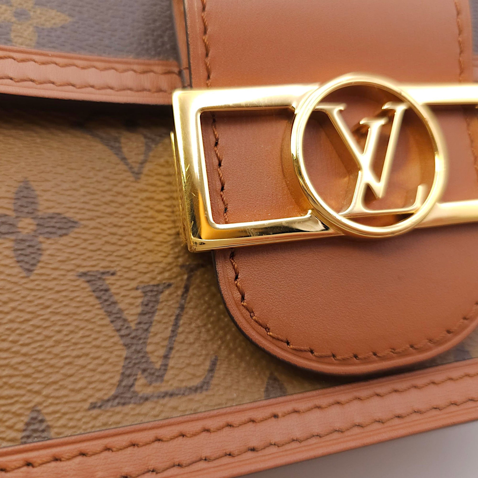 Reverse Monogram Dauphine Mini Brown Shoulder Bag in Canvas, Gold hardware