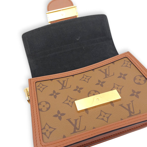 Reverse Monogram Dauphine Mini Brown Shoulder Bag in Canvas, Gold hardware