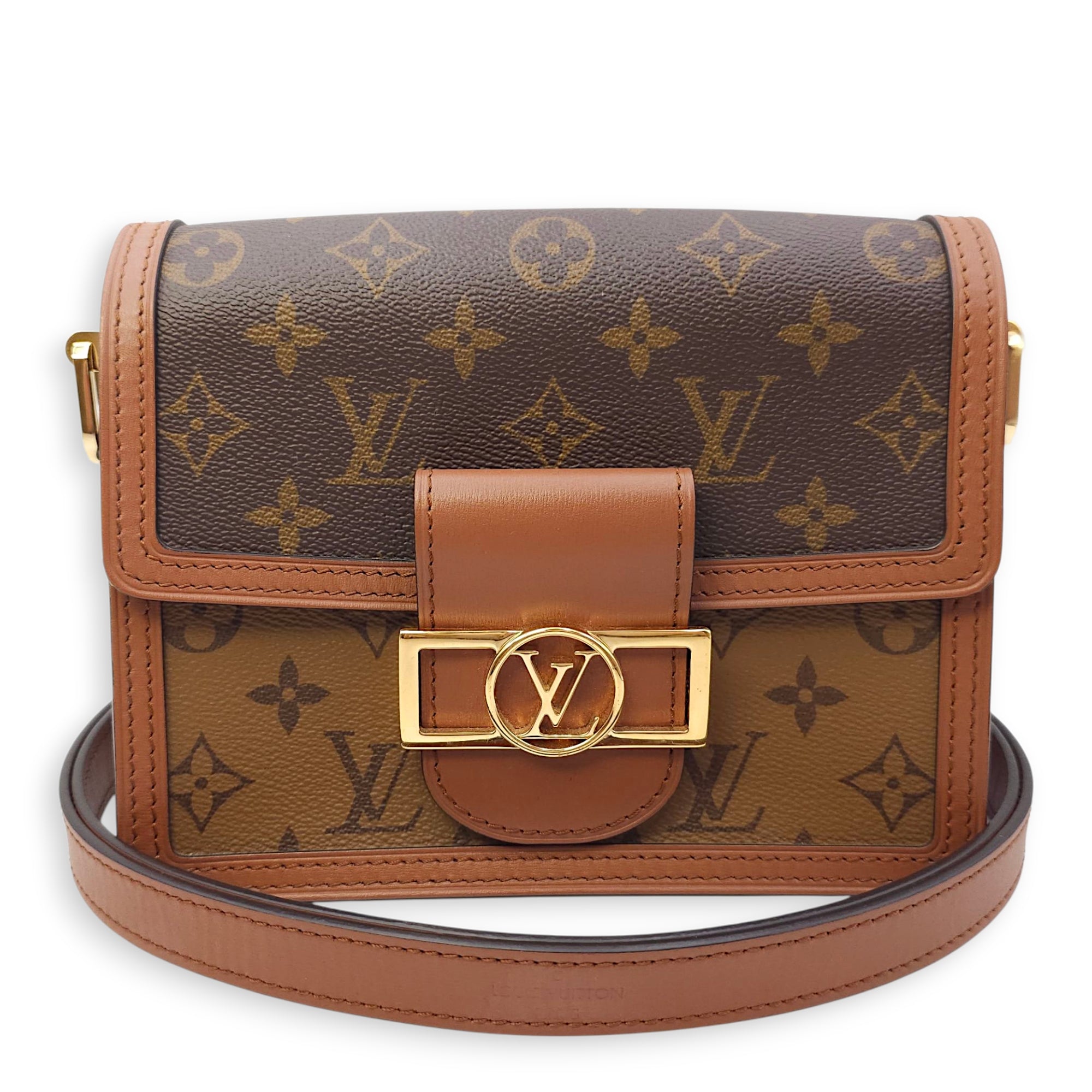 Reverse Monogram Dauphine Mini Brown Shoulder Bag in Canvas, Gold hardware