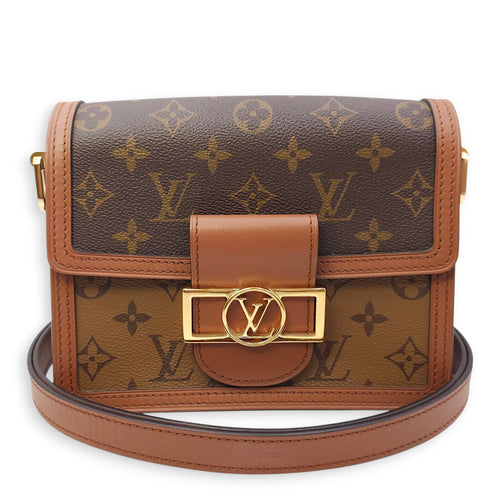 Reverse Monogram Dauphine Mini Brown Shoulder Bag in Canvas, Gold hardware