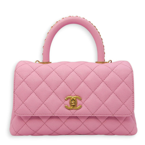Coco Handle Small Pink Crossbody Bag in Caviar Leather, Gold hardware