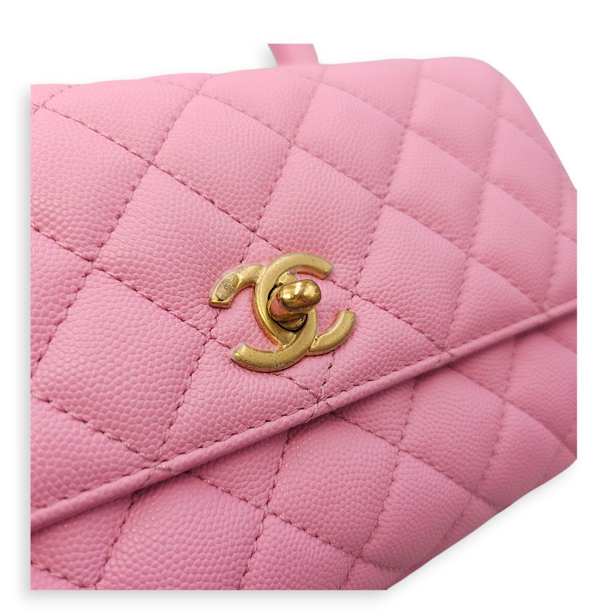 Coco Handle Small Pink Crossbody Bag in Caviar Leather, Gold hardware