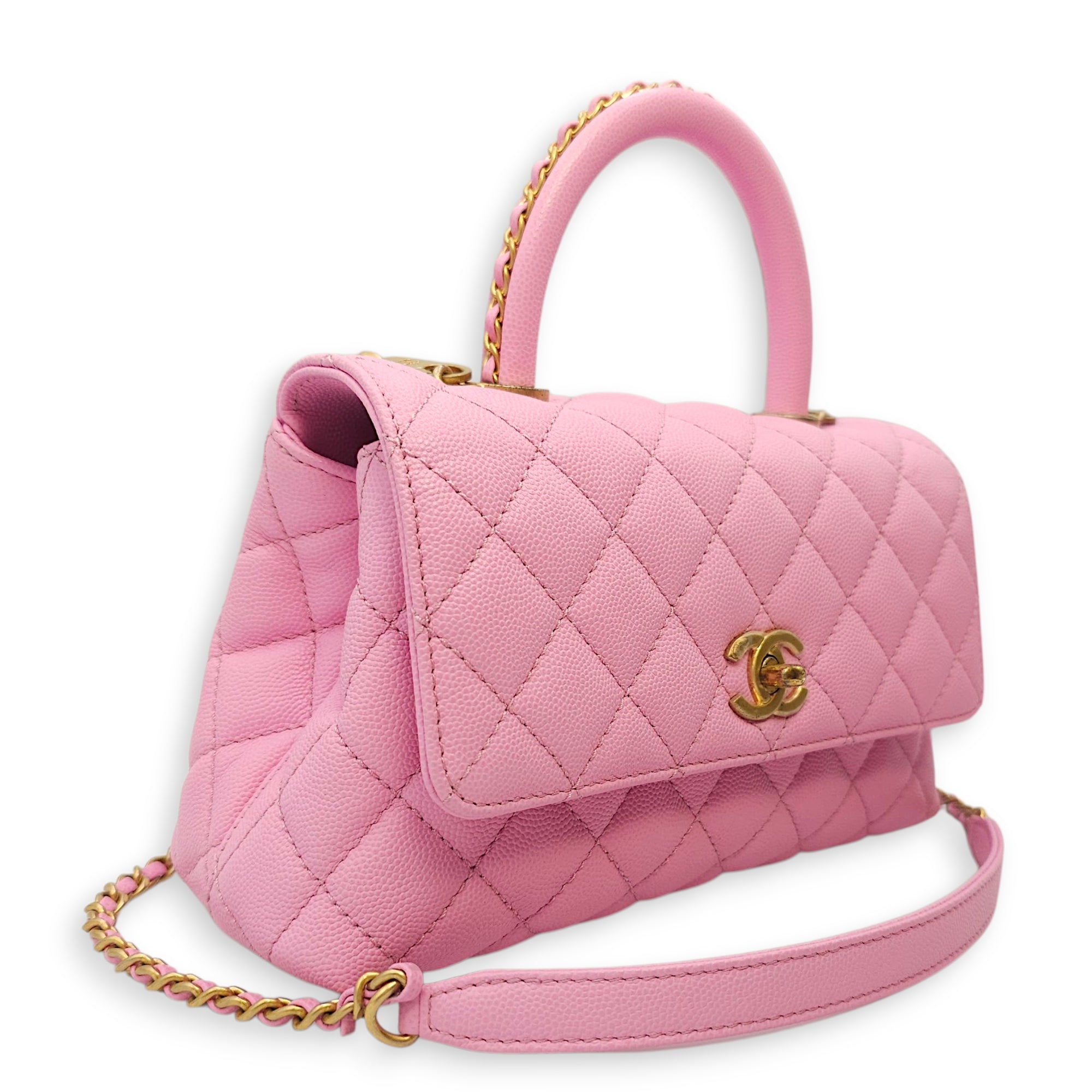 Coco Handle Small Pink Crossbody Bag in Caviar Leather, Gold hardware