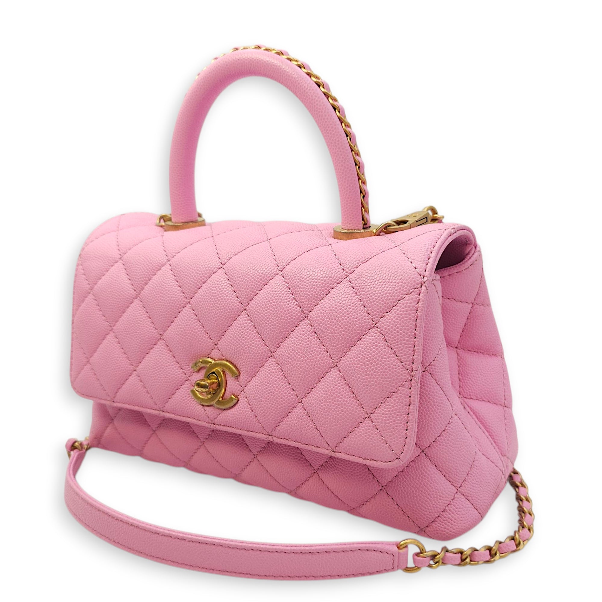 Coco Handle Small Pink Crossbody Bag in Caviar Leather, Gold hardware