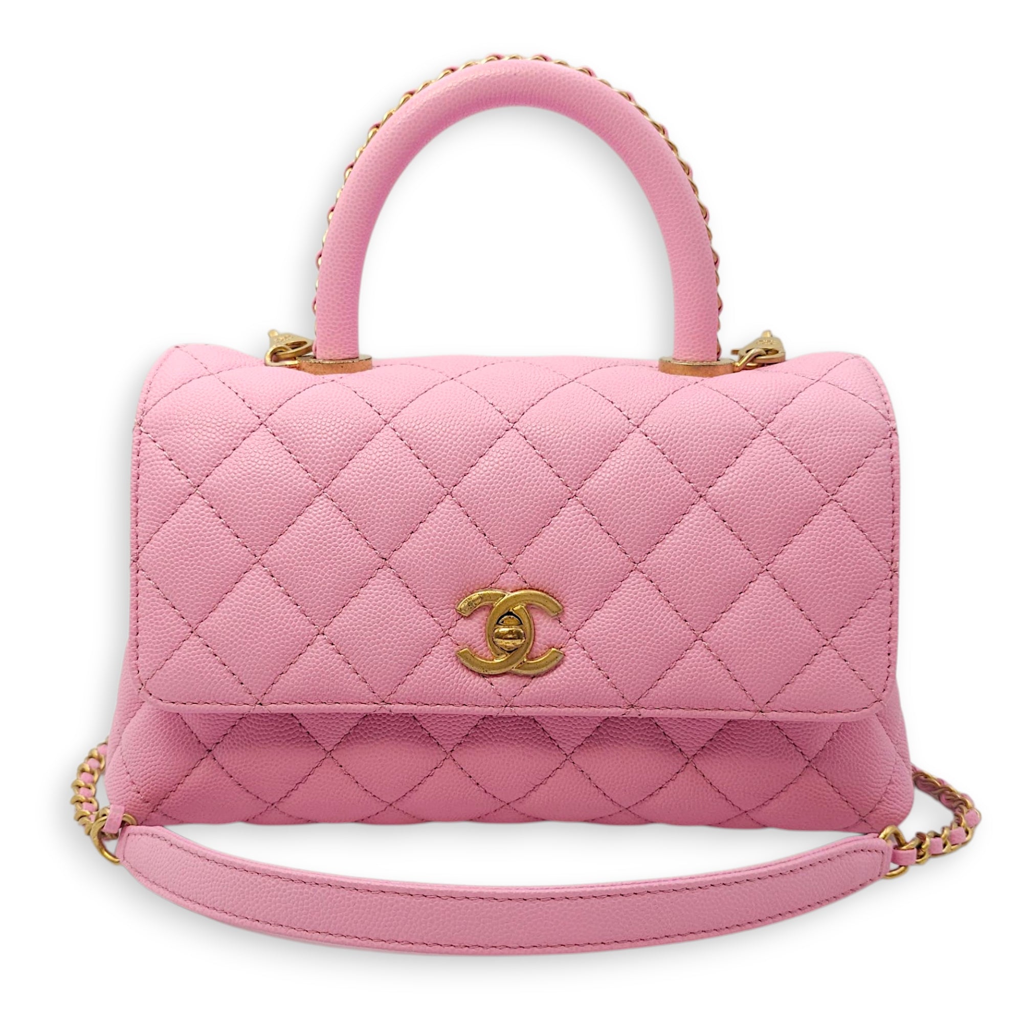 Coco Handle Small Pink Crossbody Bag in Caviar Leather, Gold hardware