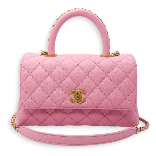 Coco Handle Small Pink Crossbody Bag in Caviar Leather, Gold hardware