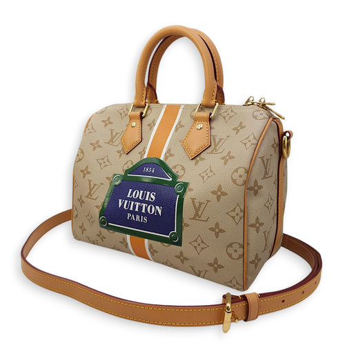 Speedy Bandouliere Monopanam 25cm Beige Shoulder Bag in Canvas, Gold hardware