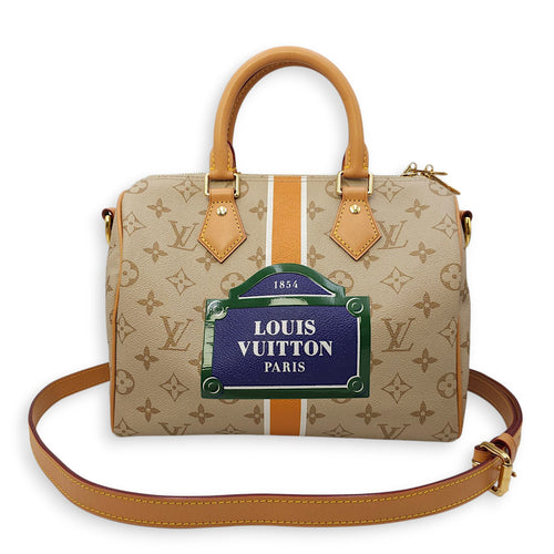 Speedy Bandouliere Monopanam 25cm Beige Shoulder Bag in Canvas, Gold hardware