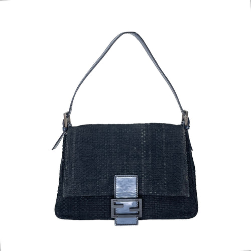 Mamma Baguette Black Shoulder Bag in Canvas, Silver hardware