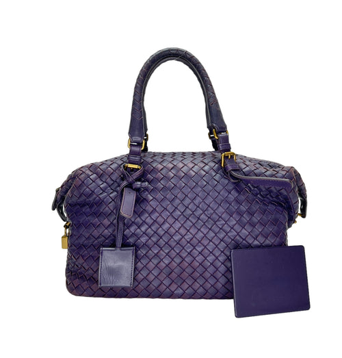 Boston Purple Top Handle Bag in Intrecciato Leather, Brushed Gold hardware