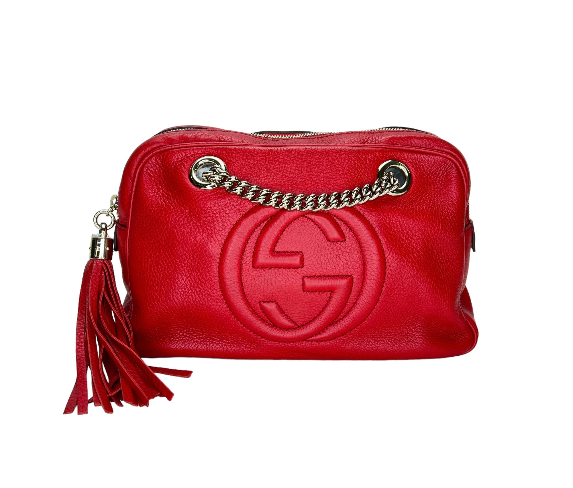 Soho Chain Red Shoulder Bag in Calfskin, Light Gold hardware