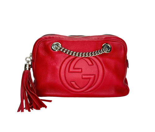 Soho Chain Red Shoulder Bag in Calfskin, Light Gold hardware