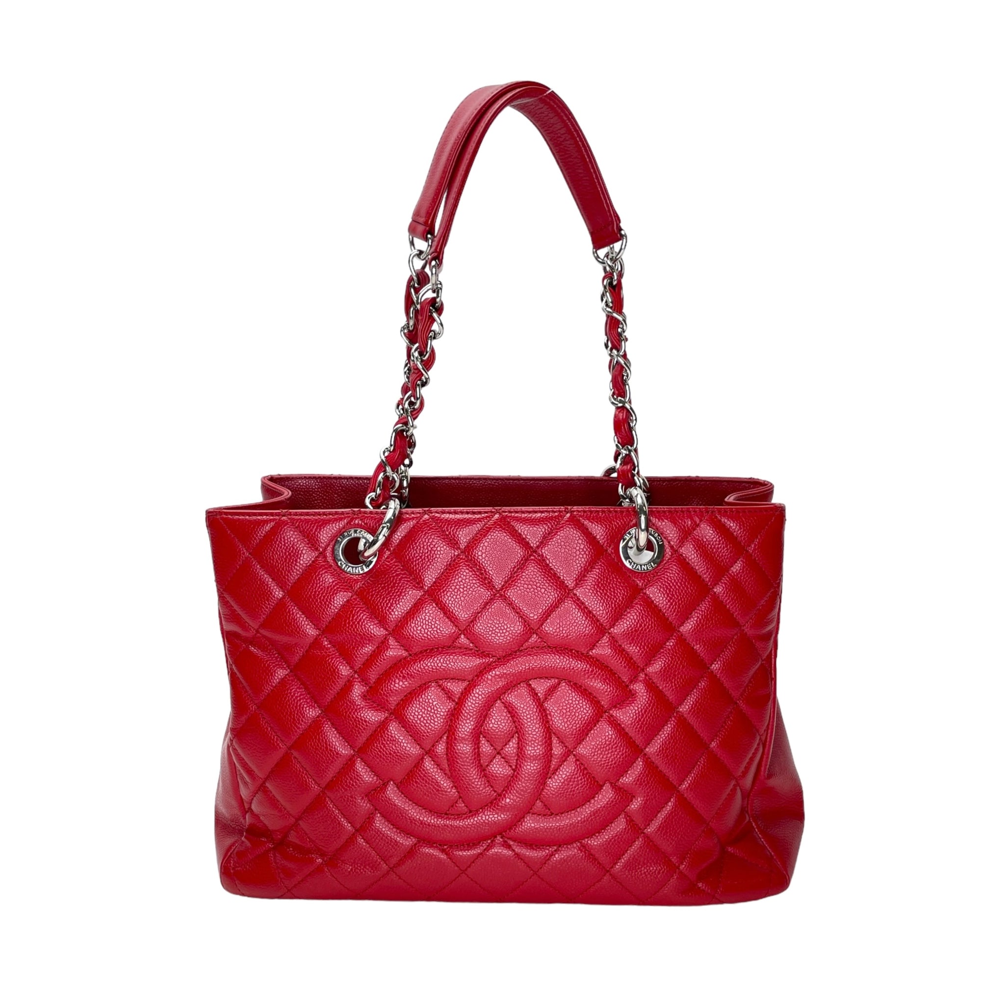 GST Red Tote Bag in Caviar Leather, Sliver hardware