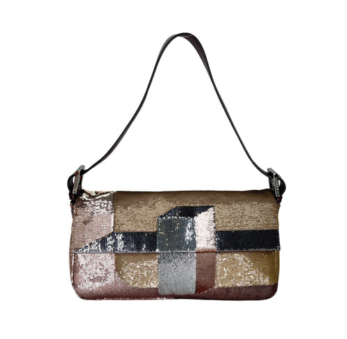 Baguette Abstract Blocks Brown Shoulder Bag in Sequins, Silver hardware